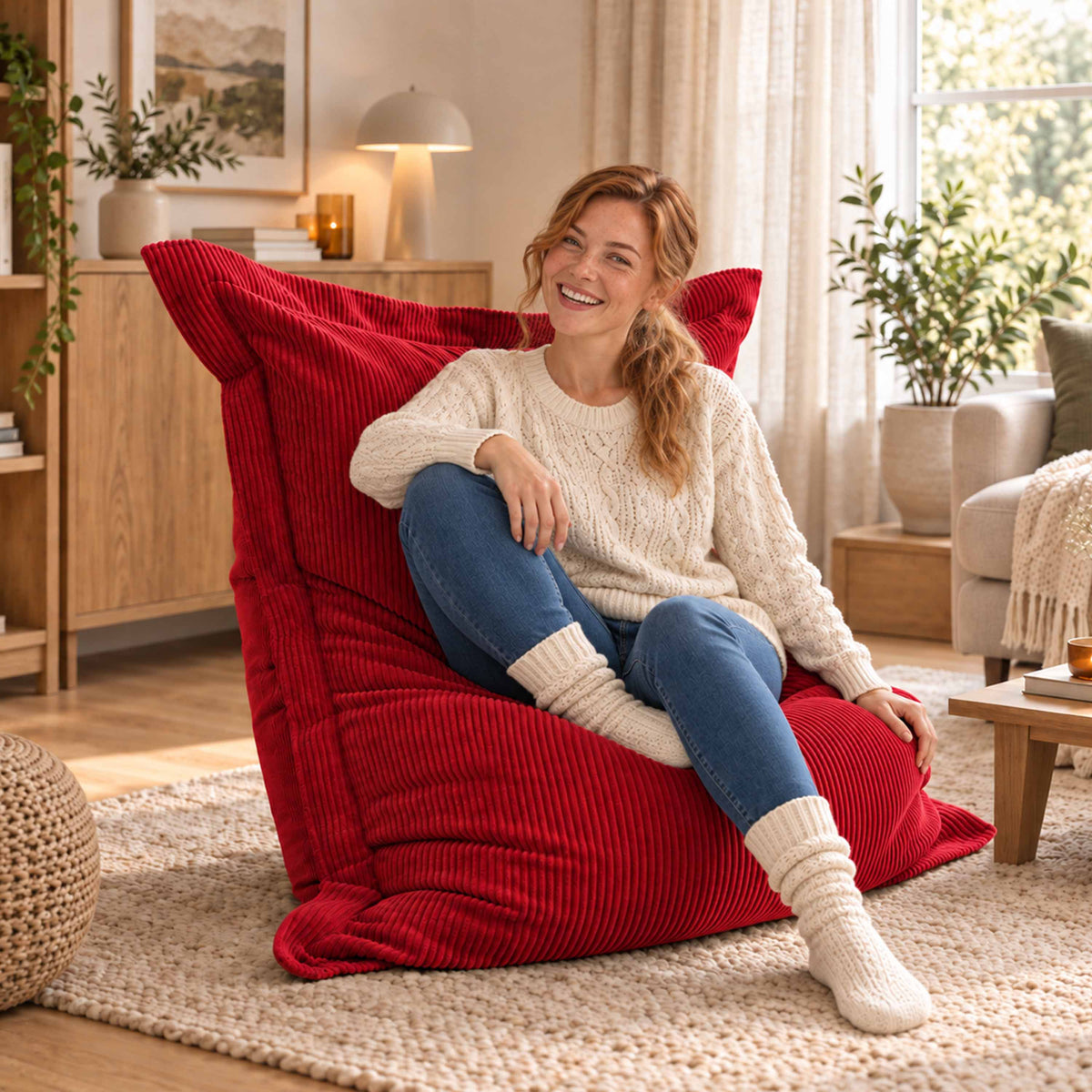 Pouf Velours Côtelé Rouge : pouf design rectangulaire en velours côtelé rouge, pour coin détente cosy et élégant en salon