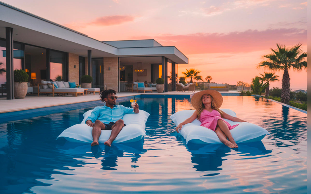 Pouf Piscine Blanc flottant déhoussable XXL avec billes de polystyrène, bain relax à la piscine au coucher du soleil
