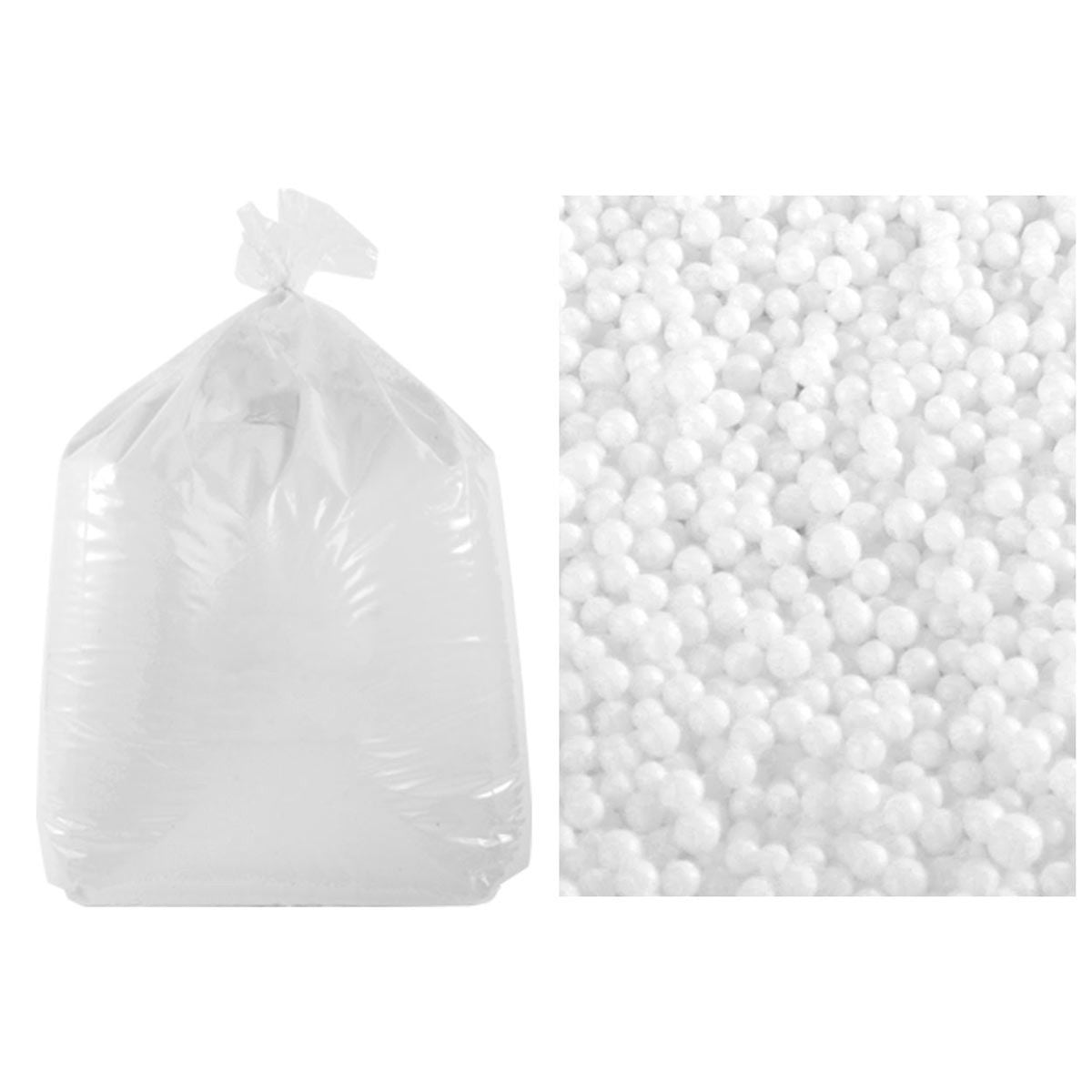 500 L Recharge Billes Pouf, billes de polystyrène blanches en sac et gros plan pour remplissage
