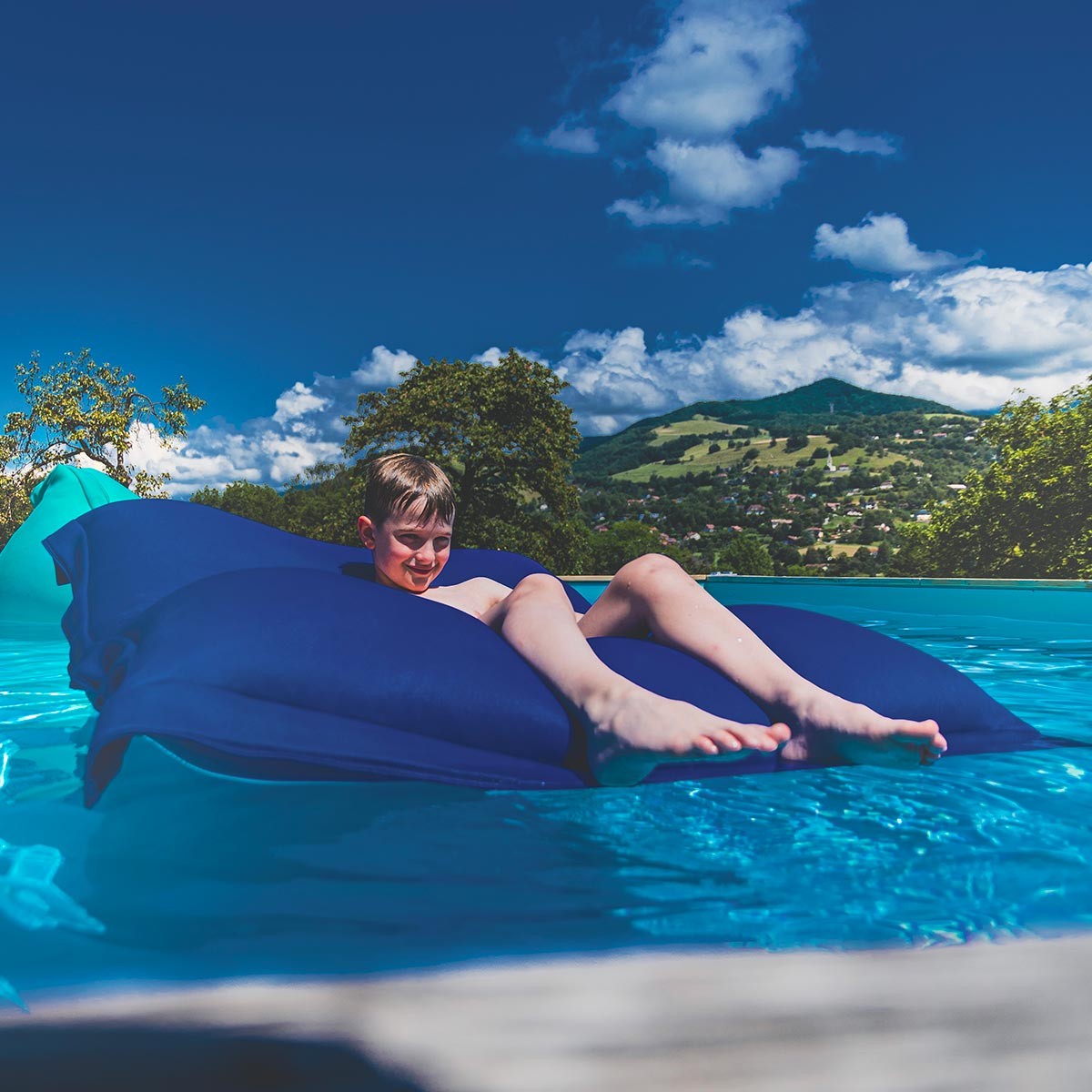 Housse  pouf piscine rectangulaire vide Bleu, tissu micro-perforé, évacuation rapide de l’eau, pour détente au bord de la piscine