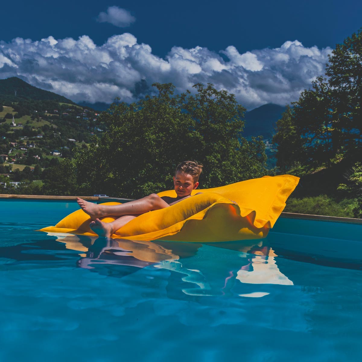Housse  pouf piscine rectangulaire vide Jaune, micro-perforée pour évacuer l’eau après baignade, accessoire de détente