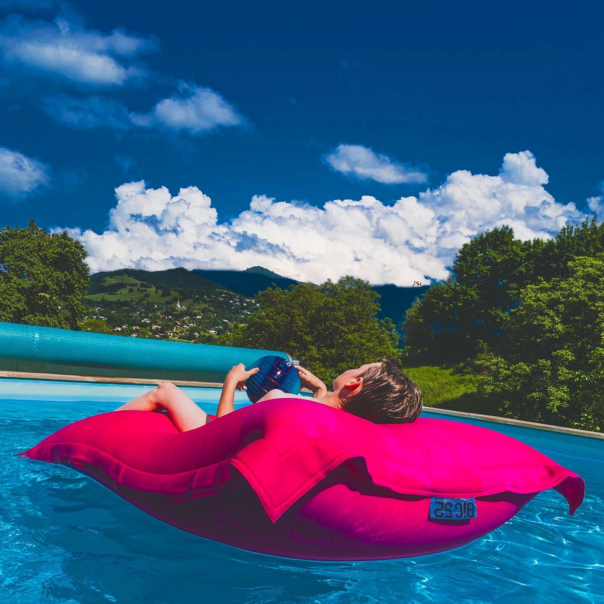 Housse  pouf piscine rectangulaire vide Rose, housse micro-perforée BiG52 POOL pour évacuation rapide de l’eau