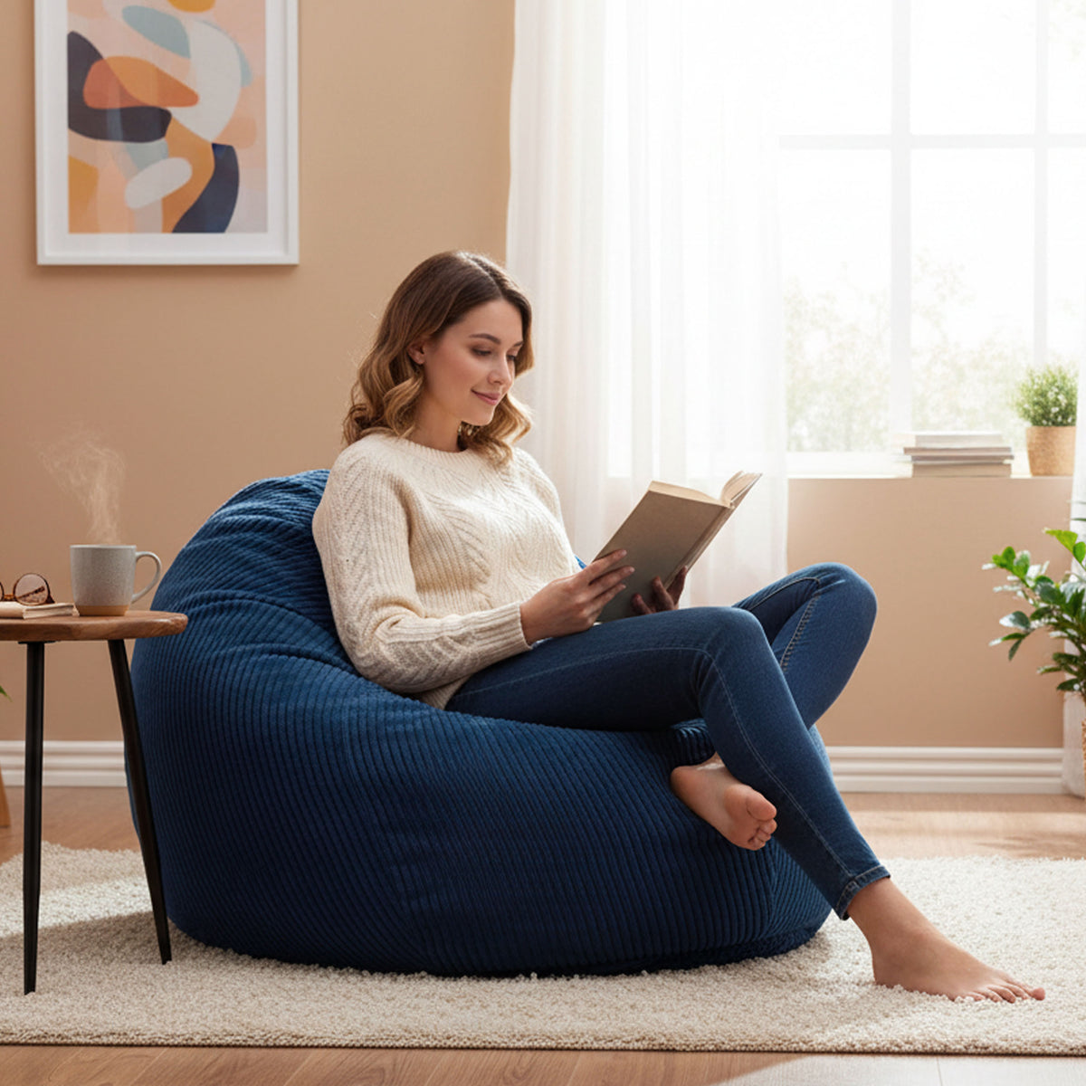 Housse Vide Pouf Poire Velours Côtelé Bleu Marine, vue en intérieur : housse XL en velours côtelé bleu marine