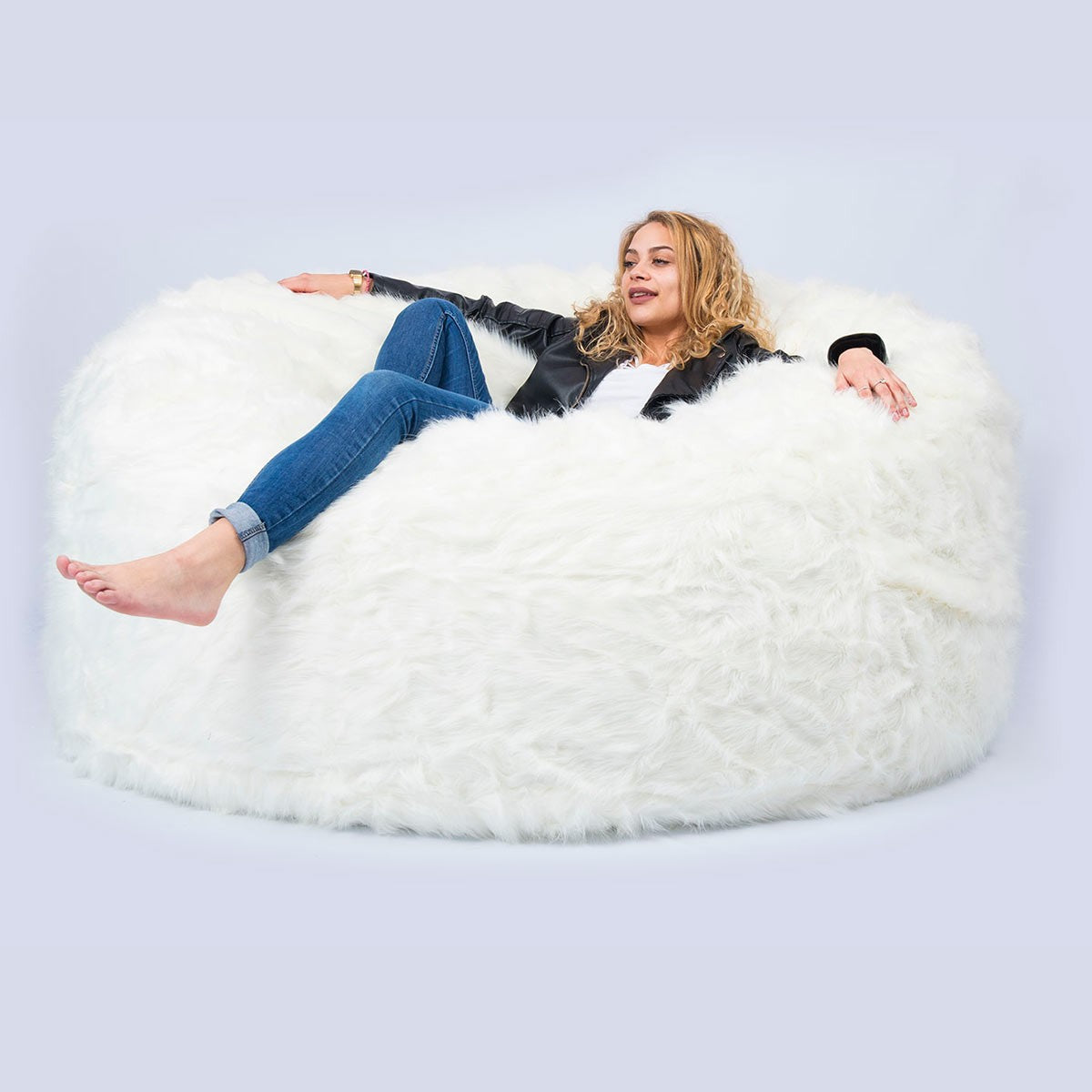 Housse Vide Pouf Rond XXL Fourrure Poil Long Blanc, housse géant blanche 150 cm, assise douce et chaleureuse