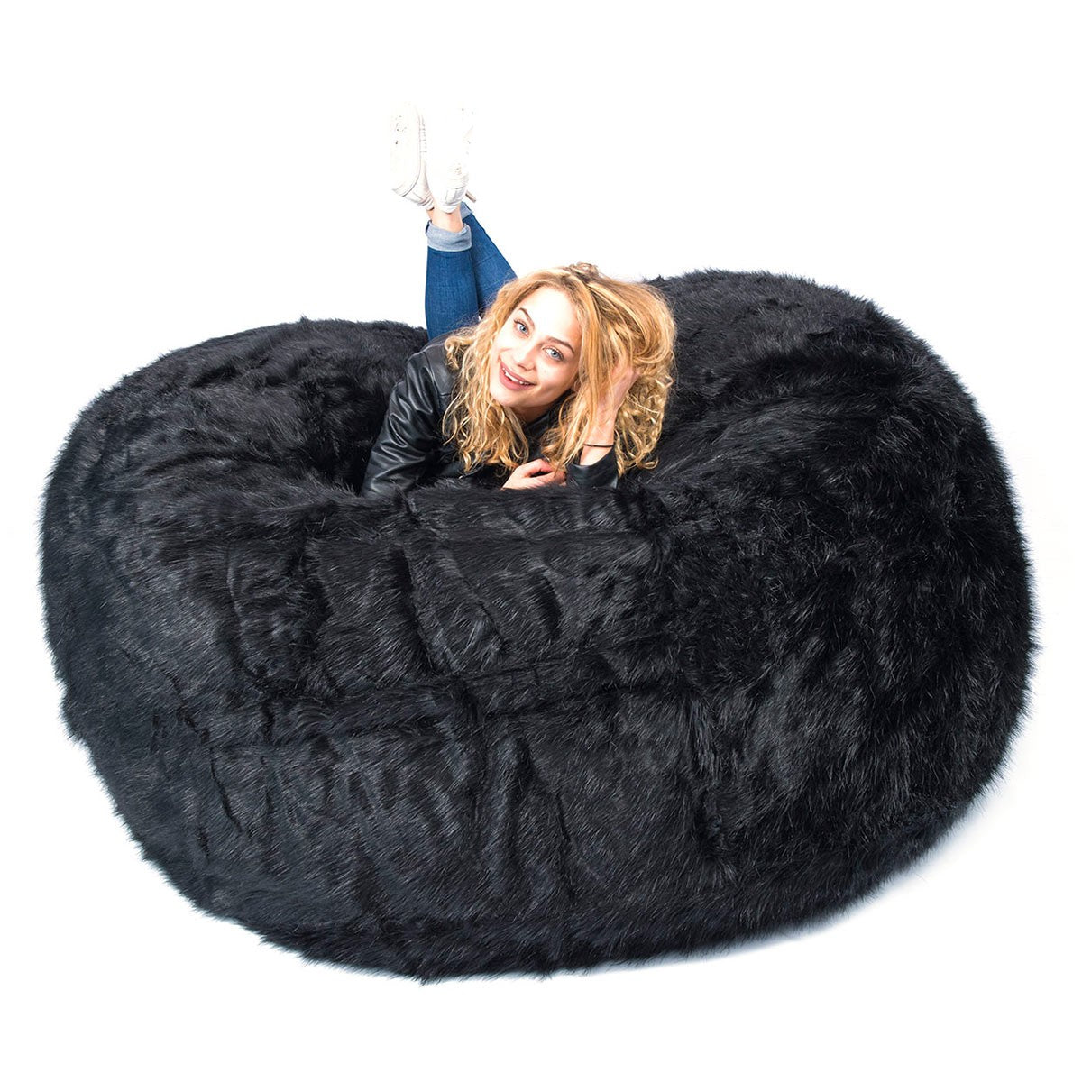 Housse Vide Pouf Rond XXL Fourrure Poil Long Noir, housse géant noire effet poil long, 150 cm de diamètre