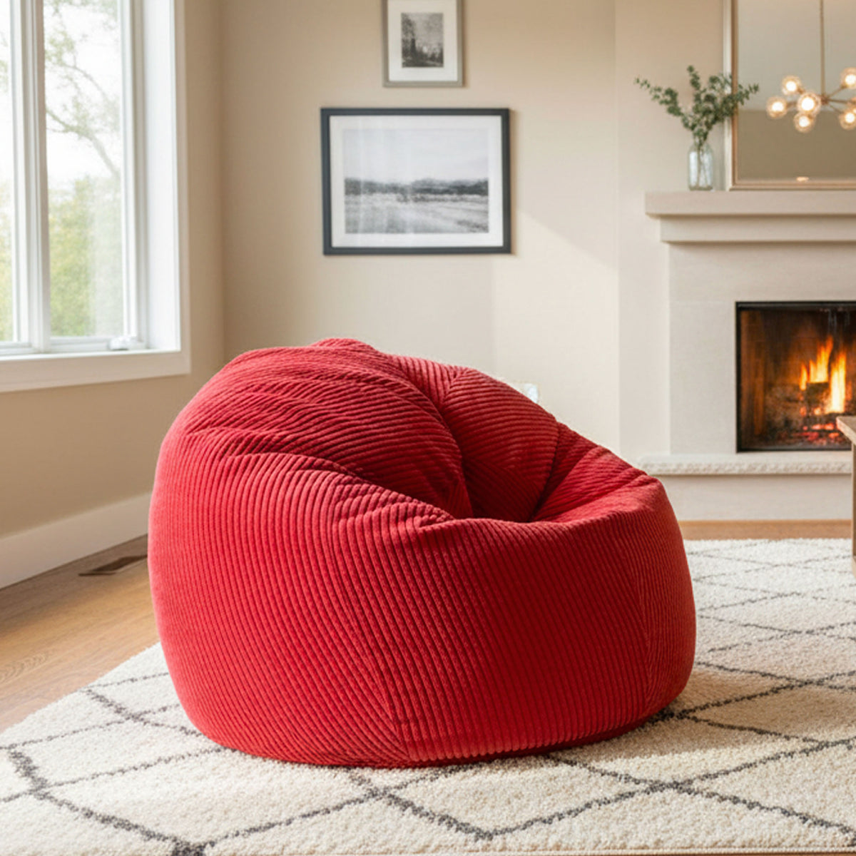 Pouf Poire Velours Côtelé Rouge, pouf rouge en velours côtelé, confort ergonomique pour salon moderne près du feu