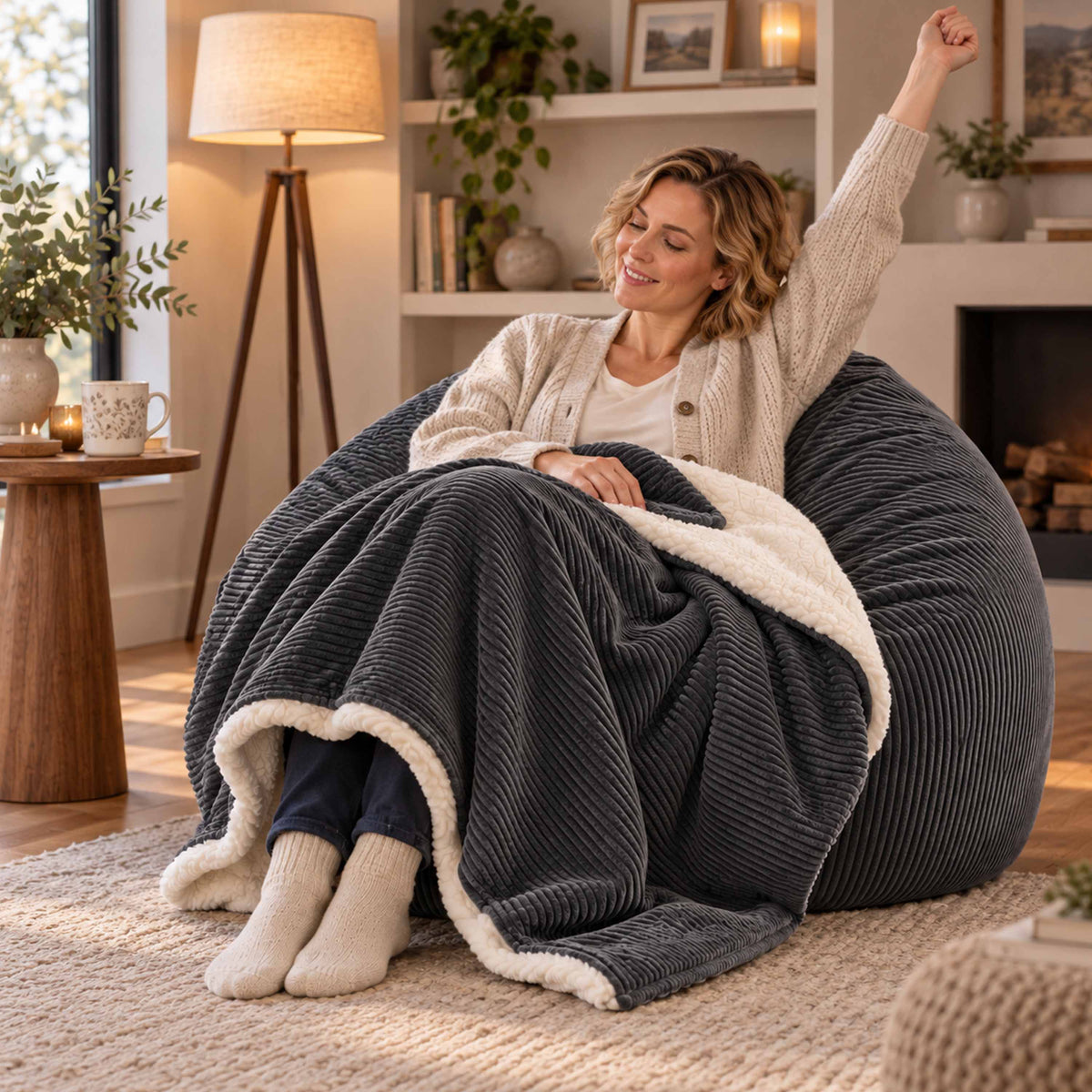 Plaid Velours Côtelé Gris Double Face Sherpa – 180×140 cm, plaid cocooning sur canapé
