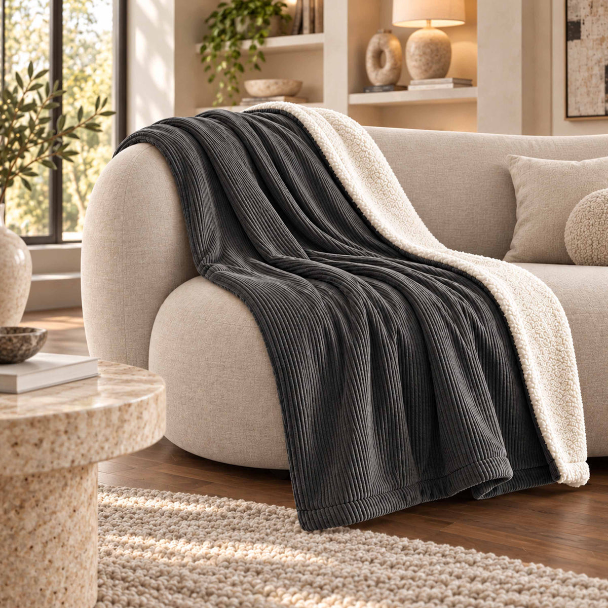 Plaid Velours Côtelé Gris Double Face Sherpa – 180×140 cm, plaid chic et cocooning sur canapé
