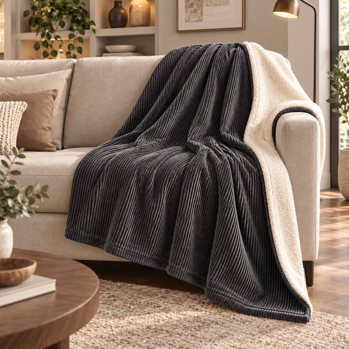 Plaid Velours Côtelé Gris Double Face Sherpa – 180×140 cm sur canapé, face velours côtelé et doublure sherpa