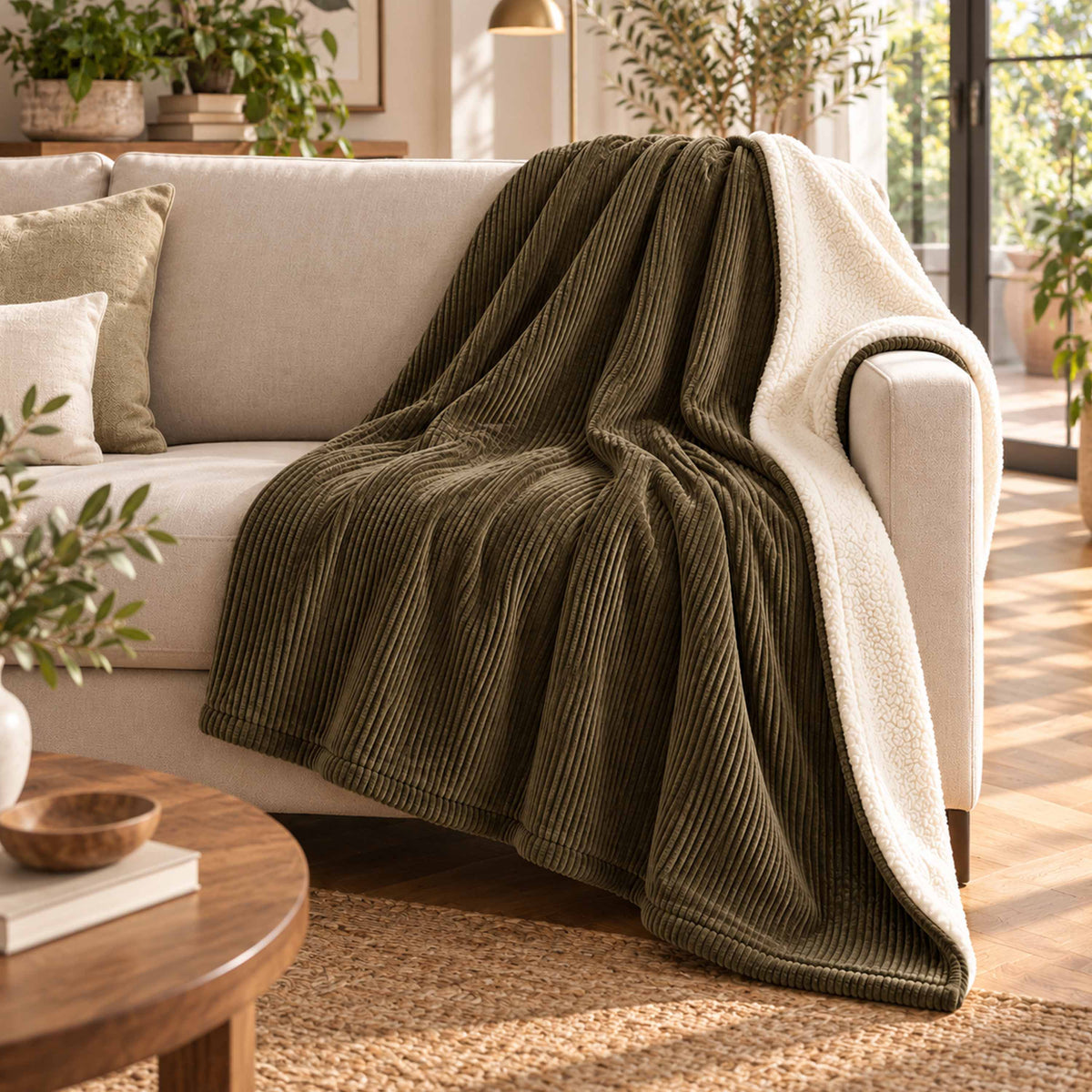 Plaid Velours Côtelé Kaki foncé Double Face Sherpa – 180×140 cm, plaid sur canapé, velours côtelé et sherpa