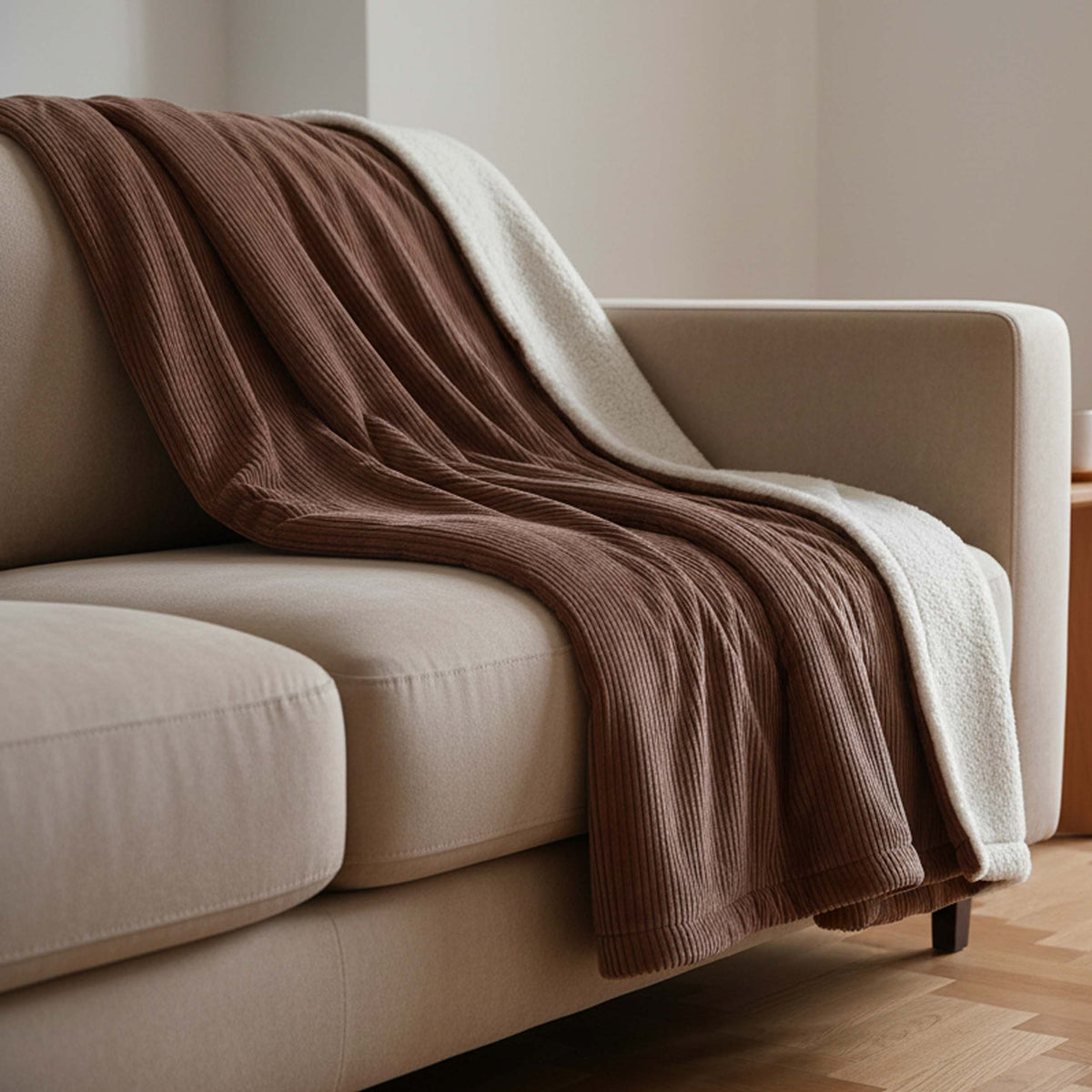 Plaid Velours Côtelé Marron Double Face Sherpa – 180×140 cm, plaid texturé sur canapé, face velours côtelé et sherpa