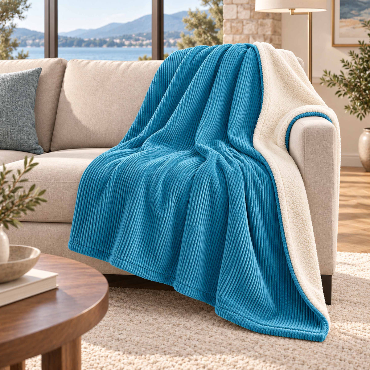 Plaid Velours Côtelé Bleu Ciel Double Face Sherpa – 180×140 cm, plaid bleu sur canapé, velours côtelé et sherpa