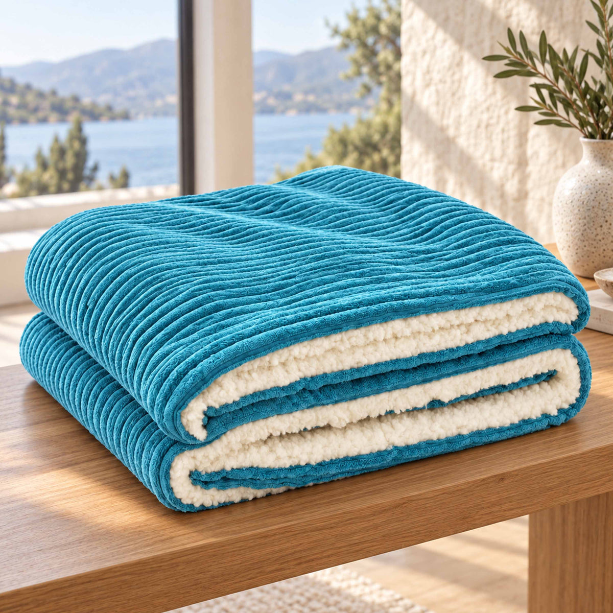 Wendedecke Himmelblau aus Cord und Sherpa 180x140 cm –
