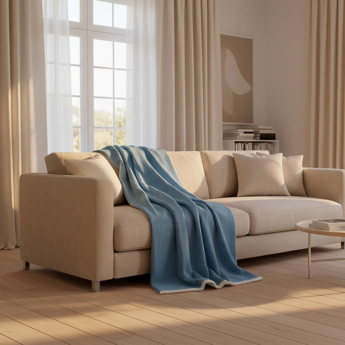 Plaid Velours Côtelé Bleu Ciel Double Face Sherpa – 180×140 cm sur canapé, ambiance cocooning