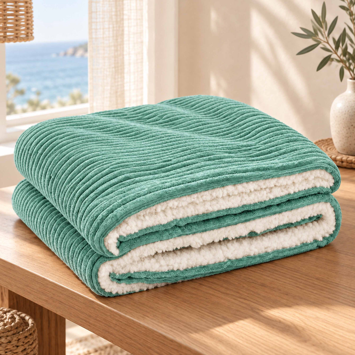 Plaid Velours Côtelé Turquoise Double Face Sherpa – 180×140 cm, plaid plié velours côtelé et sherpa