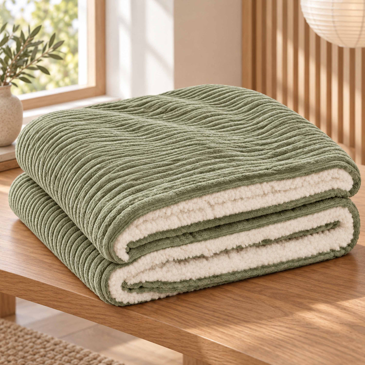 Plaid Velours Côtelé Vert Sauge Double Face Sherpa – 180×140 cm, velours côtelé et sherpa imitation laine de mouton