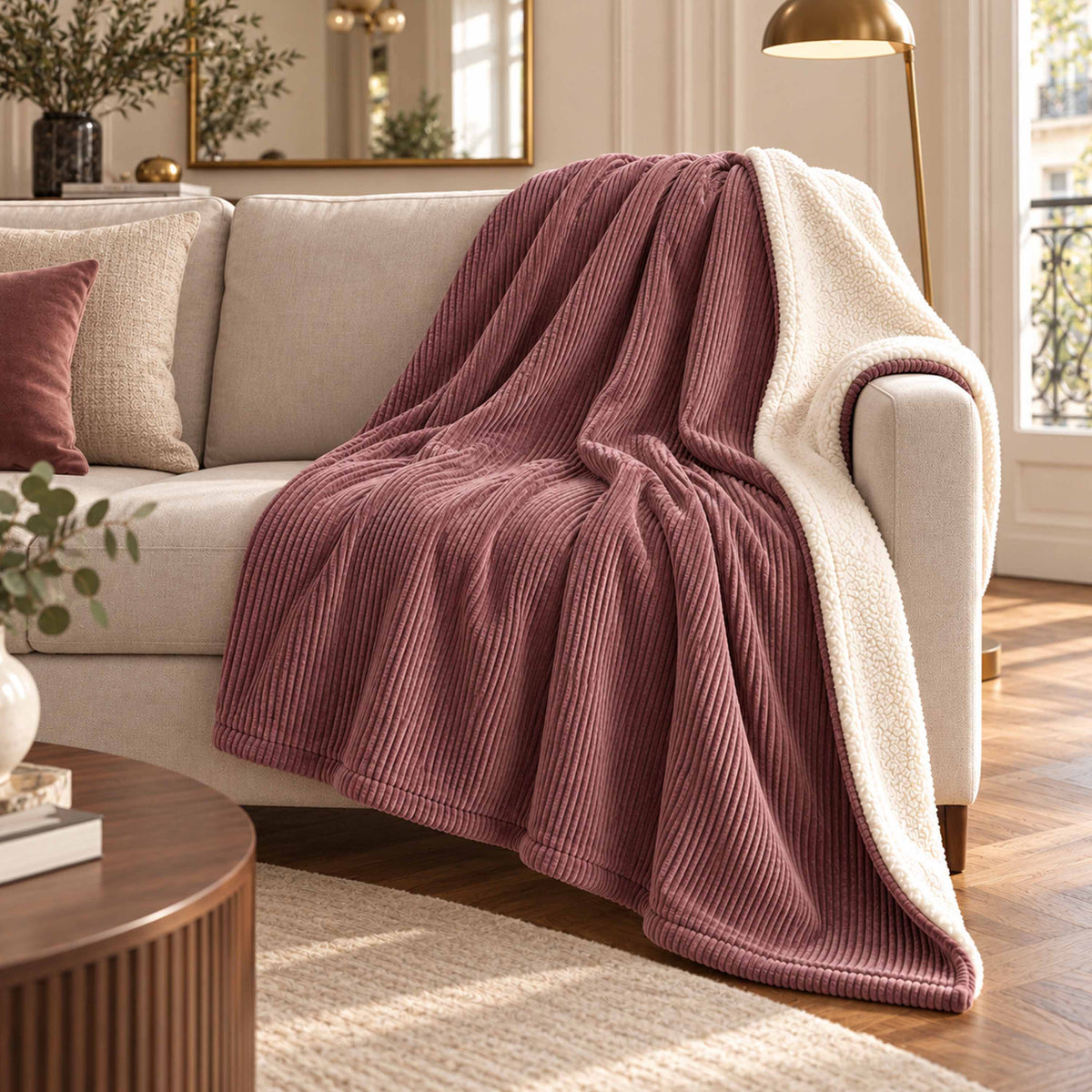 Plaid Velours Côtelé Vieux rose Double Face Sherpa – 180×140 cm sur canapé, plaid cocooning velours côtelé et sherpa