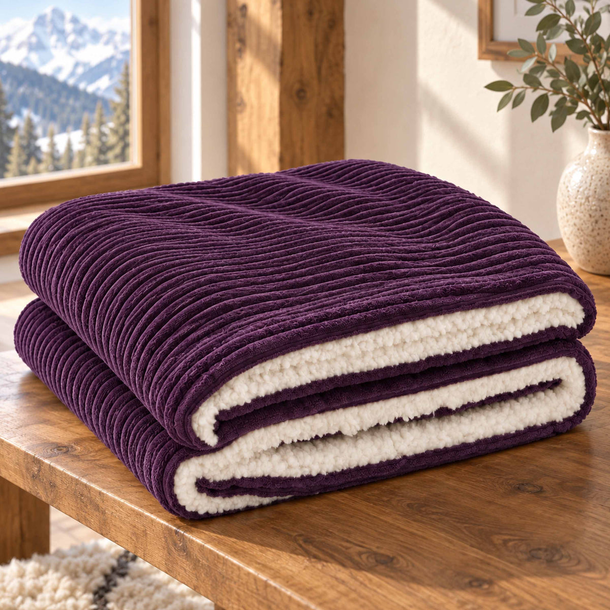 Plaid Velours Côtelé Violet aubergine Double Face Sherpa – 180×140 cm, plaid chaud en velours côtelé et sherpa