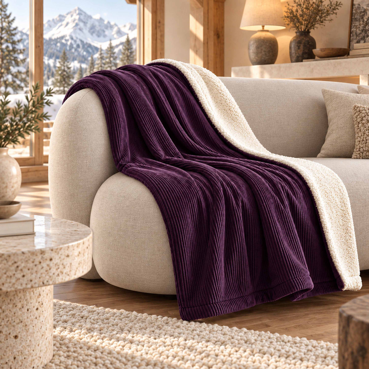 Plaid Velours Côtelé Violet aubergine Double Face Sherpa – 180×140 cm, plaid sur canapé, velours côtelé et sherpa blanc