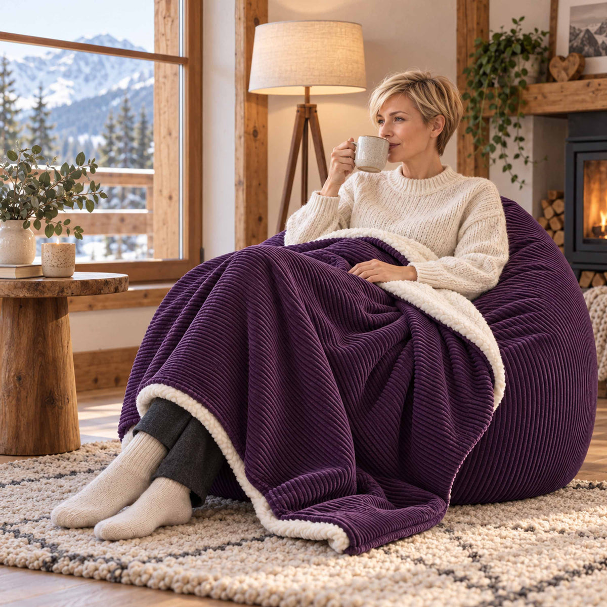 Plaid Velours Côtelé Violet aubergine Double Face Sherpa – 180×140 cm, plaid cocooning sur canapé