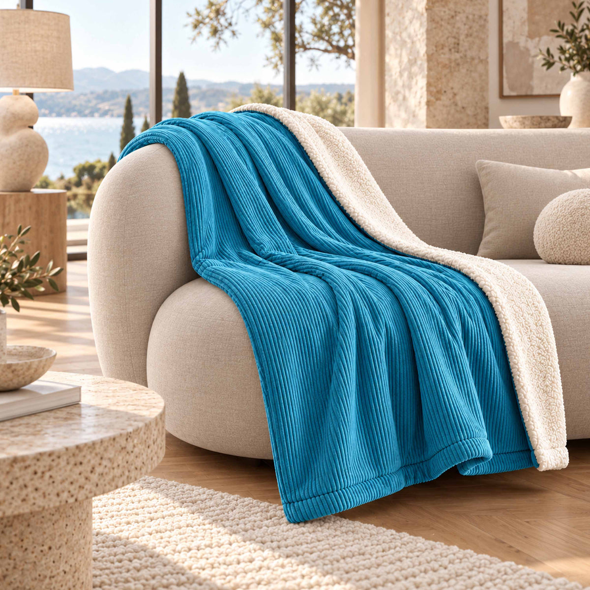 Plaid Velours Côtelé Bleu Ciel Double Face Sherpa – 180×140 cm, plaid cocooning sur canapé