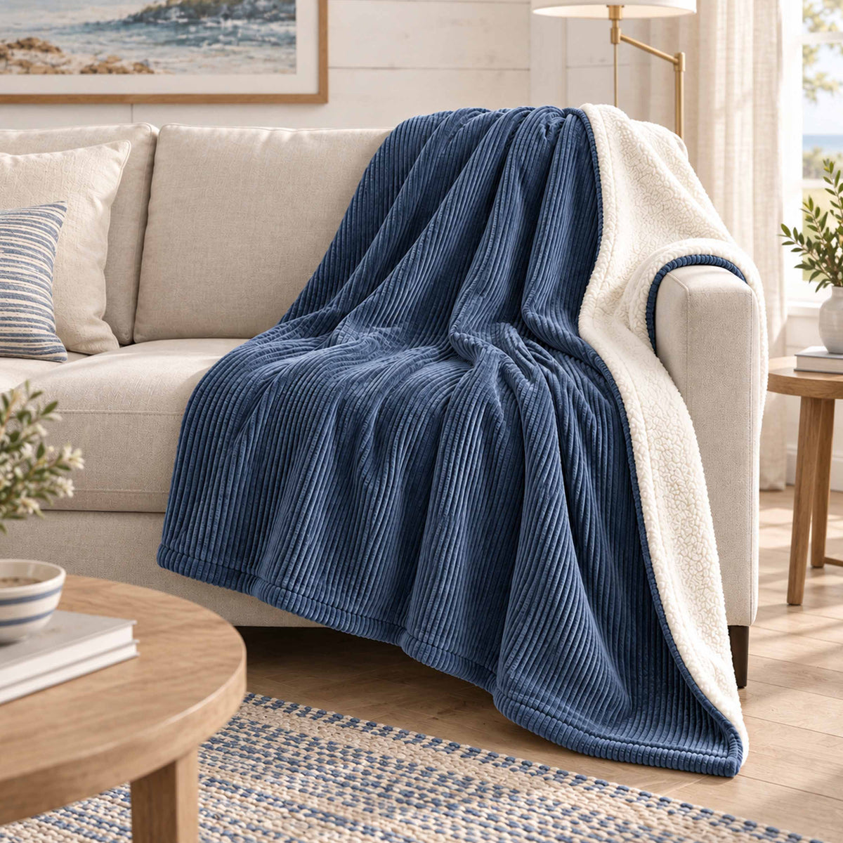 Plaid Velours Côtelé Bleu denim Double Face Sherpa – 180×140 cm, plaid cocooning sur canapé, face velours côtelé