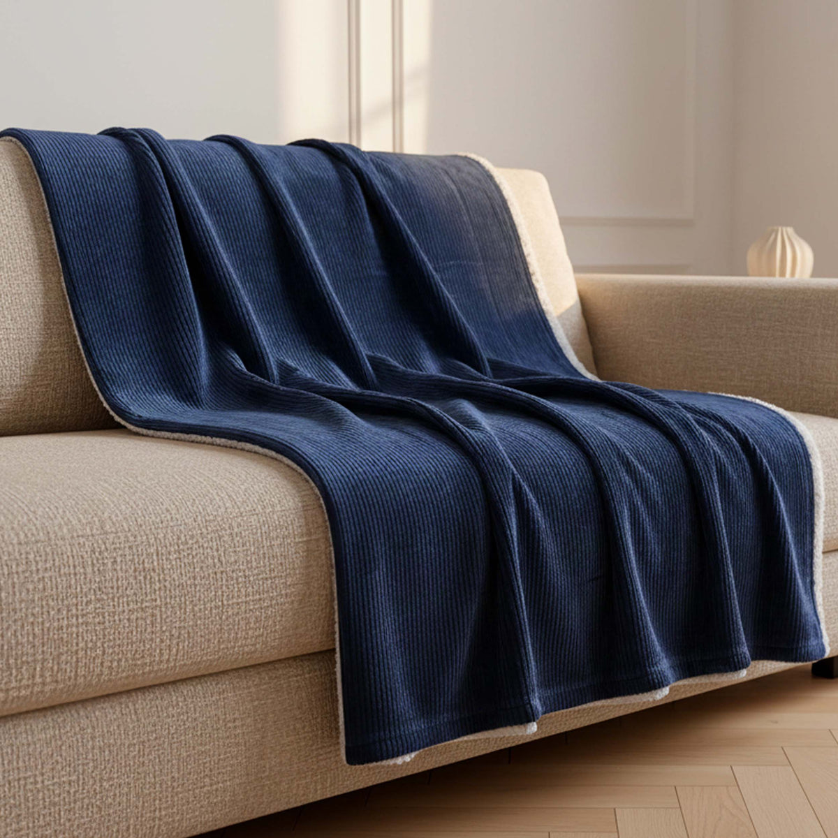 Plaid Velours Côtelé Bleu Marine Double Face Sherpa – 180×140 cm, plaid texturé sur canapé
