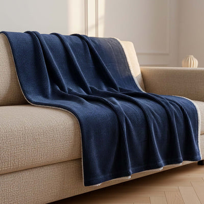 Navy Blue Corduroy Throw with Reversible Sherpa – 180×140 cm