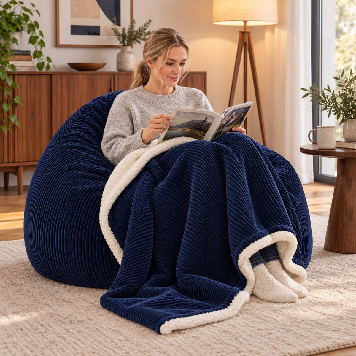 Plaid Velours Côtelé Bleu Marine Double Face Sherpa – 180×140 cm, plaid doux pour canapé et lit