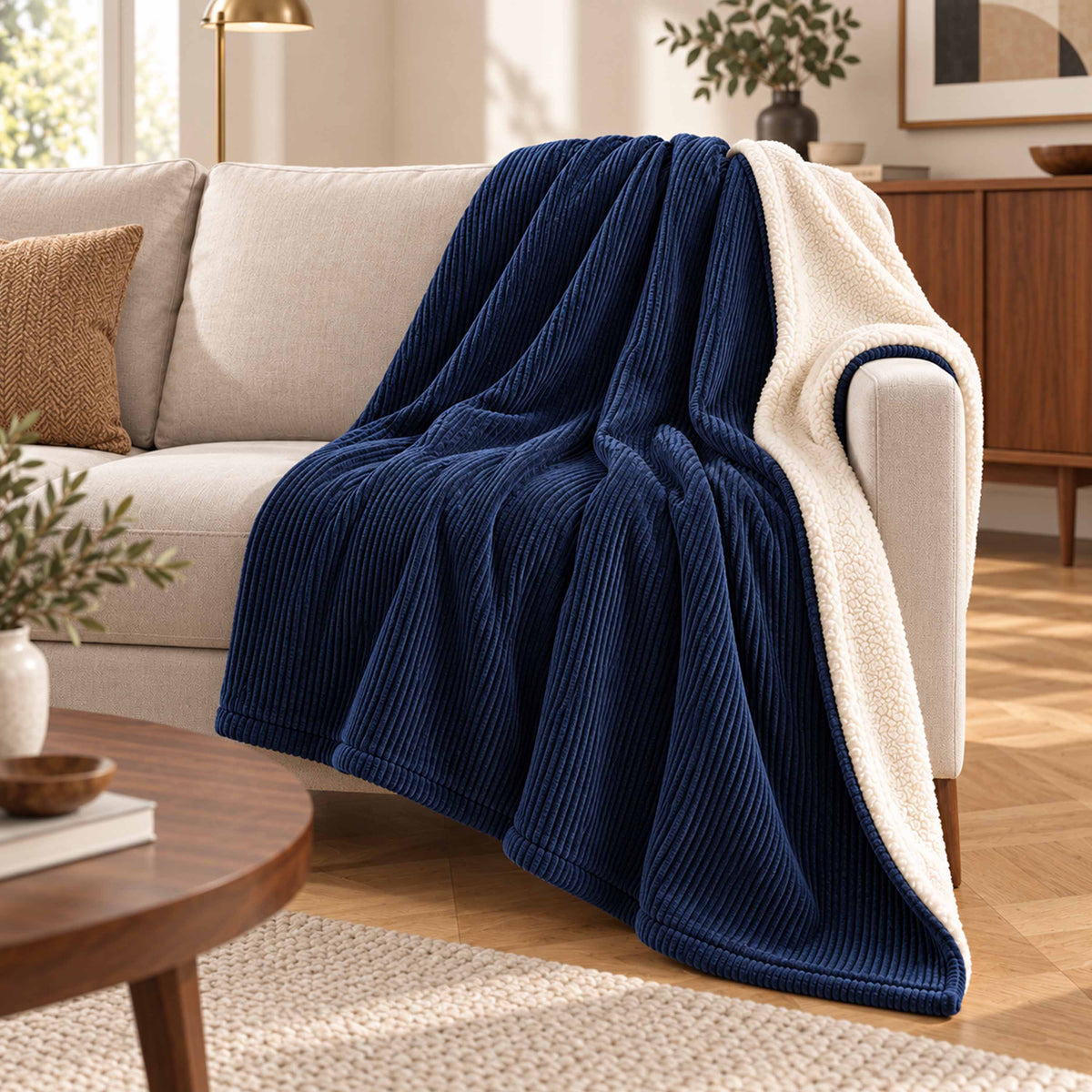 Plaid Velours Côtelé Bleu Marine Double Face Sherpa – 180×140 cm sur canapé, face velours côtelé et doublure sherpa