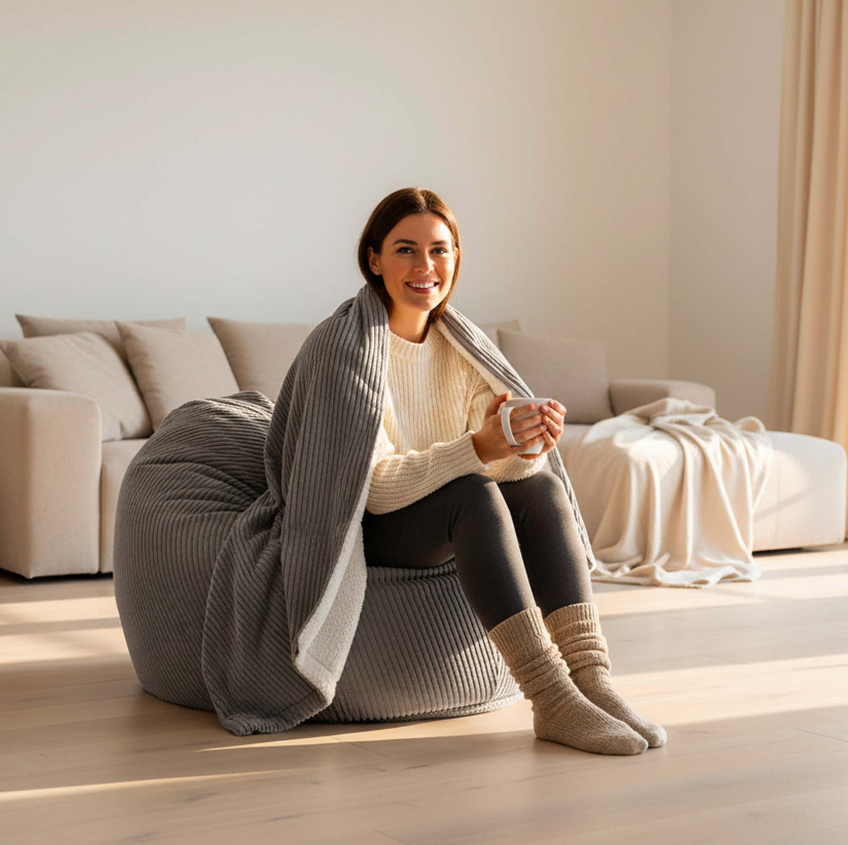 Plaid Velours Côtelé Gris Double Face Sherpa – 180×140 cm, plaid cosy sur canapé avec sherpa imitation laine de mouton