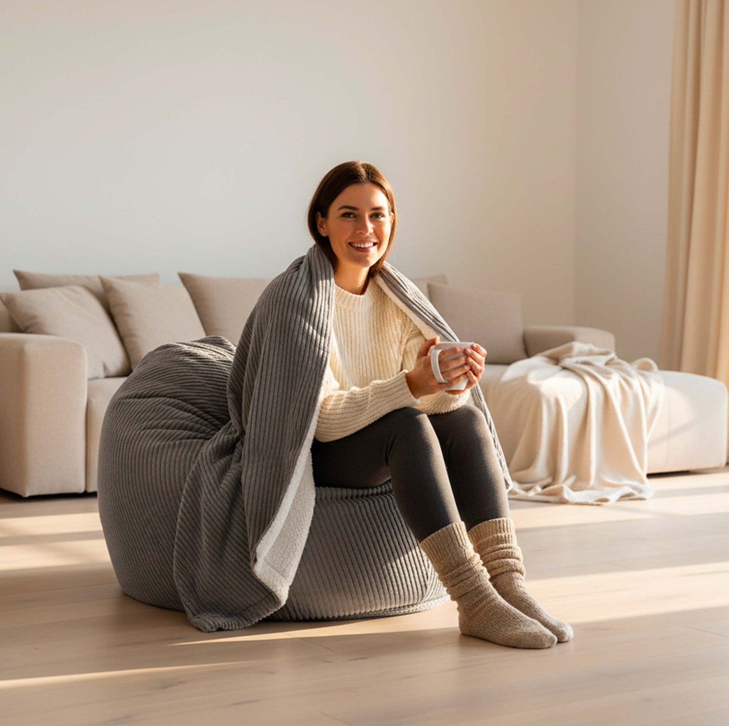 Doppelseitige Cordvelours-Decke Grau mit Sherpa – 180×140 cm