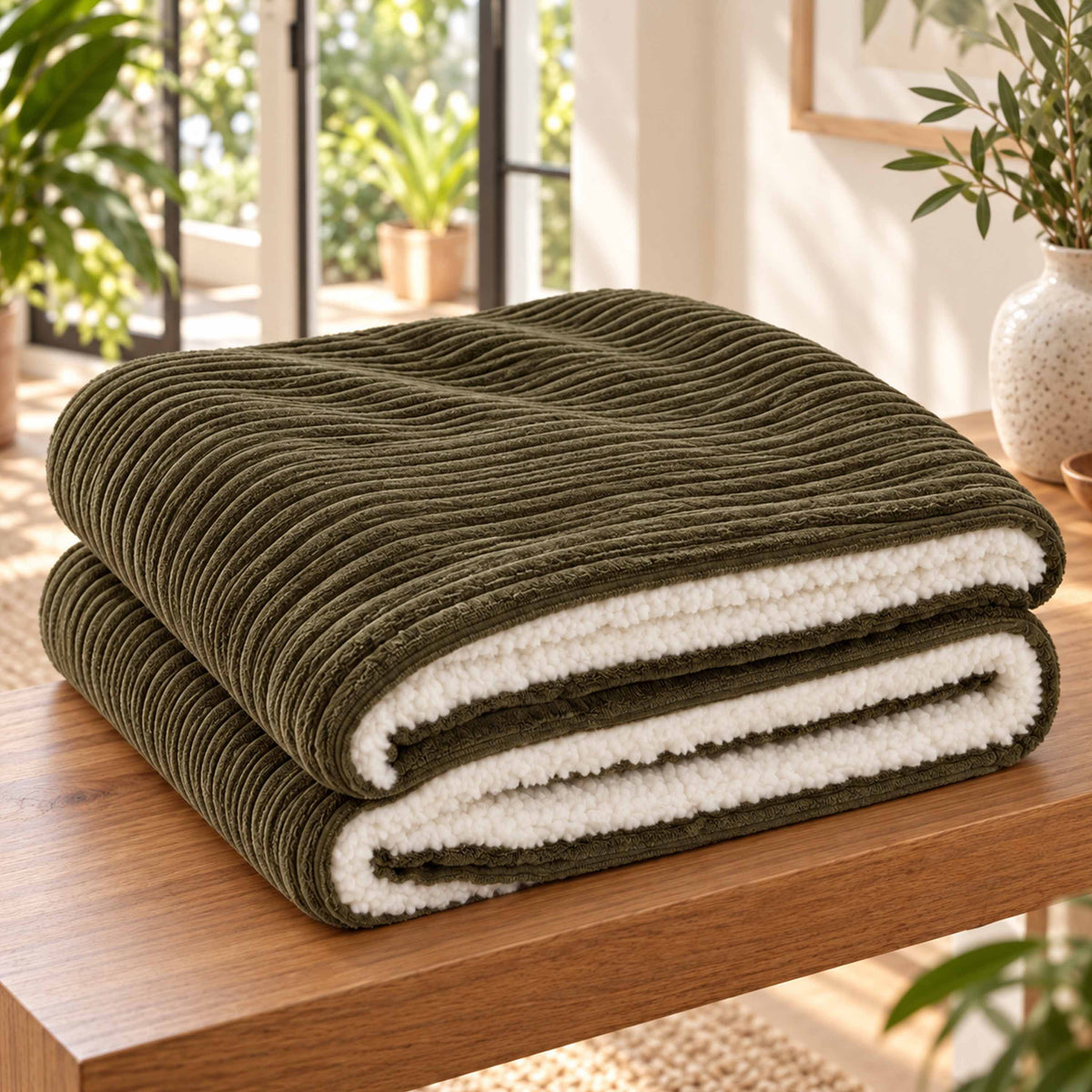 Plaid Velours Côtelé Kaki foncé Double Face Sherpa – 180×140 cm, plaid double face velours côtelé et sherpa
