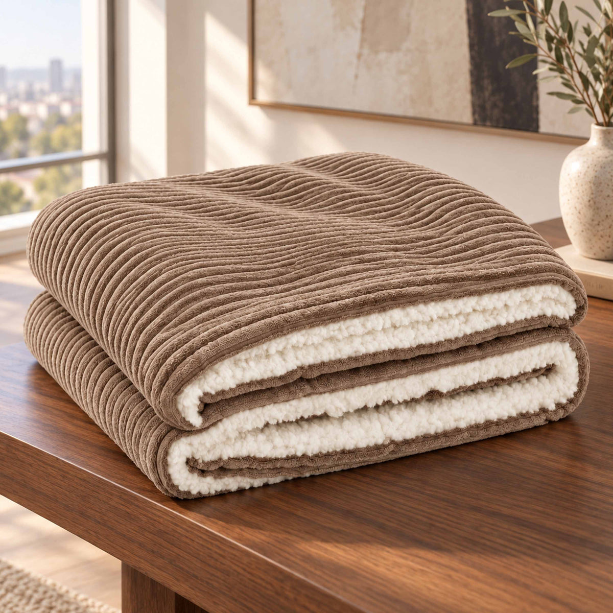 Plaid Velours Côtelé Marron Double Face Sherpa – 180×140 cm, plaid cocooning velours côtelé et doublure sherpa