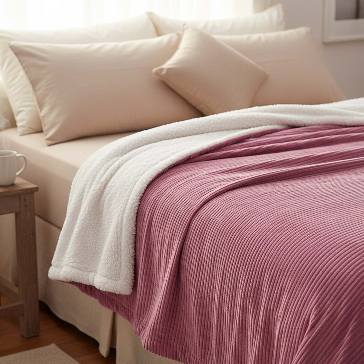 Plaid Velours Côtelé Rose Double Face Sherpa – 180×140 cm, plaid sur canapé avec face sherpa et velours côtelé