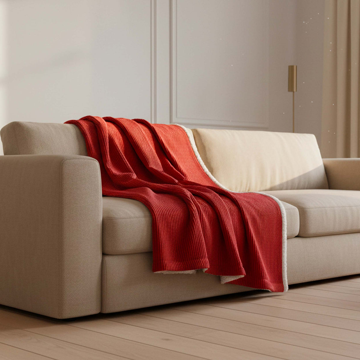 Plaid Velours Côtelé Rouge Double Face Sherpa – 180×140 cm, plaid rouge sur canapé, style cocooning