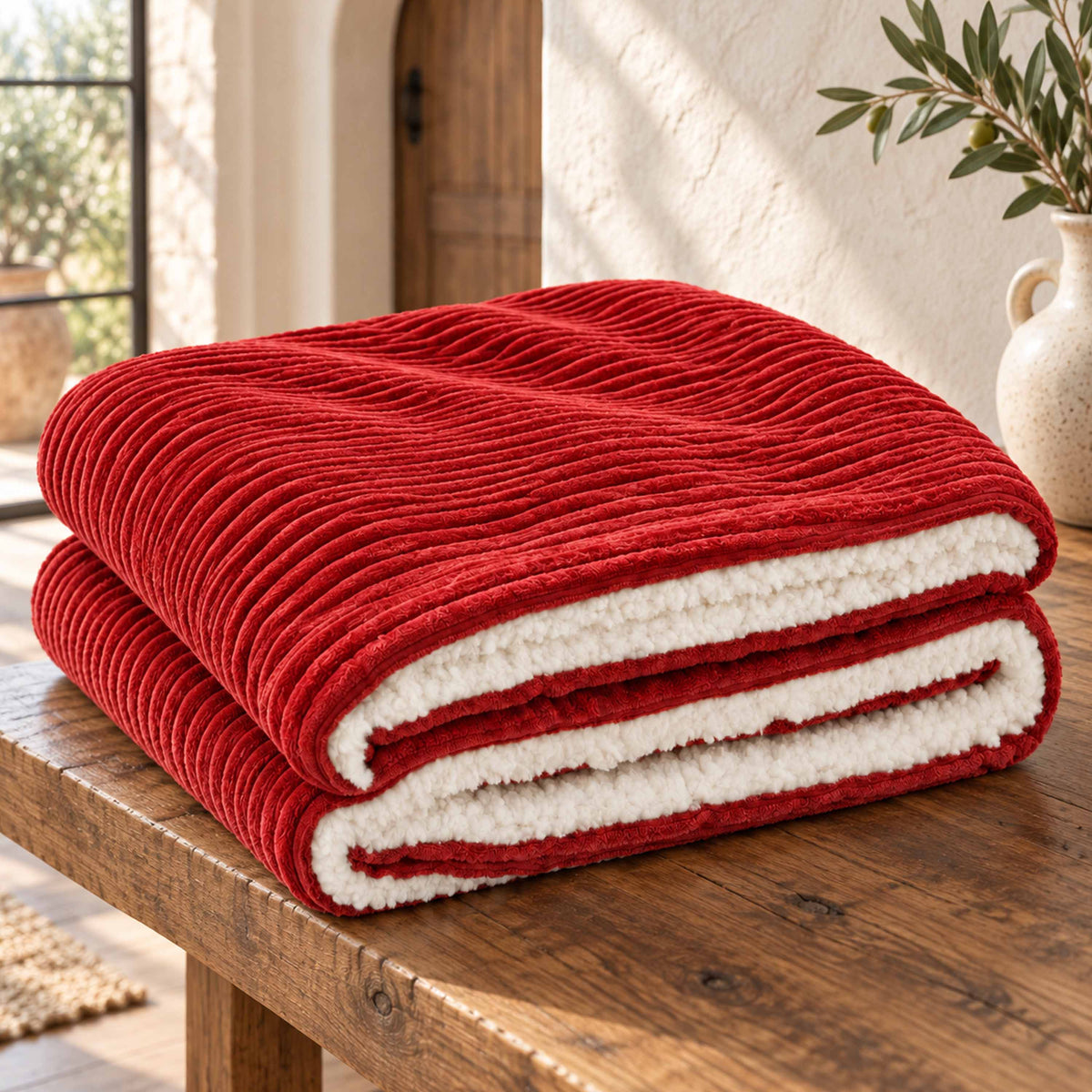 Wendedecke Rot aus Cord und Sherpa 180x140 cm –