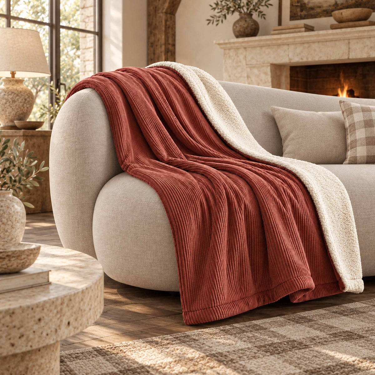 Plaid Velours Côtelé Terracotta Double Face Sherpa – 180×140 cm, plaid sur canapé, face velours côtelé terracotta et sherpa blanc