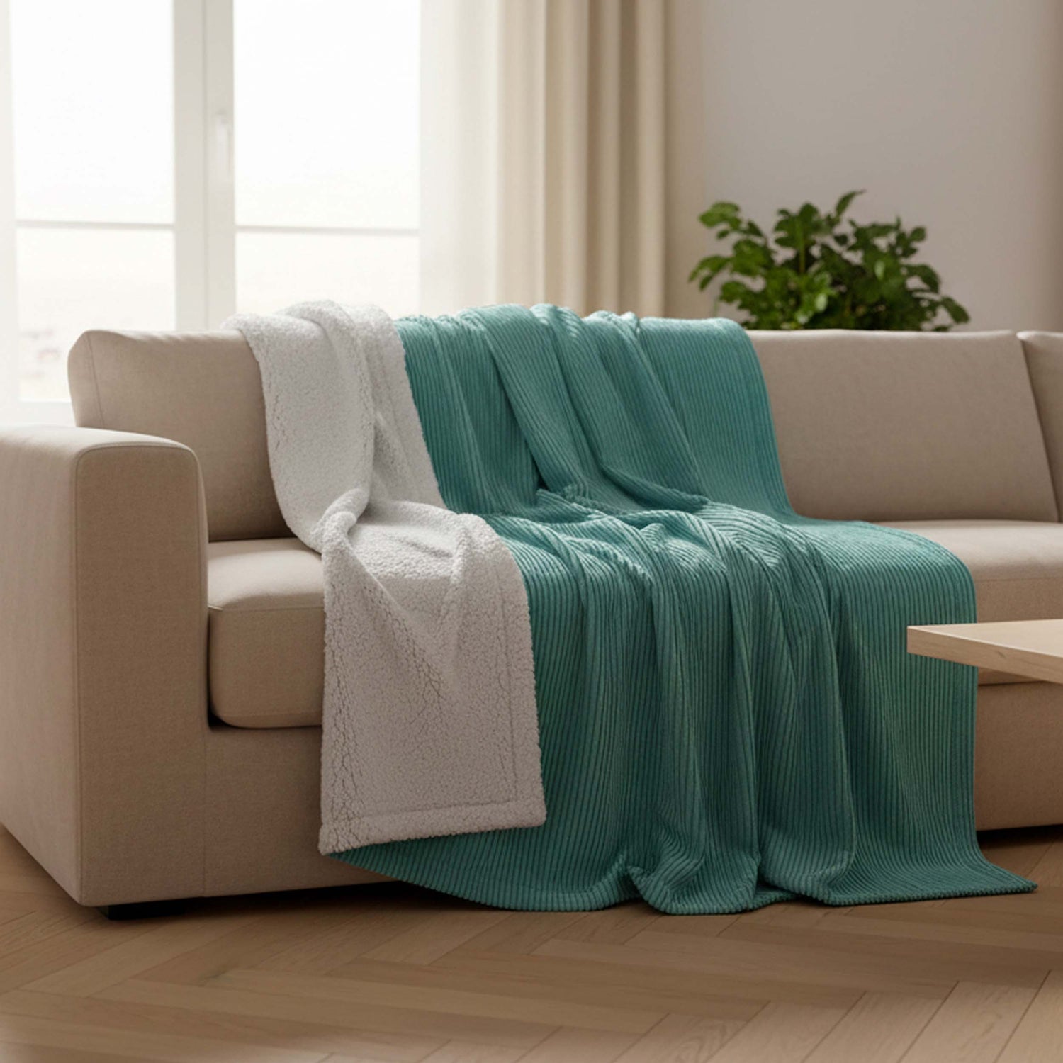 Manta de Terciopelo Canalé Turquesa Reversible con Borrego – 180×140 cm