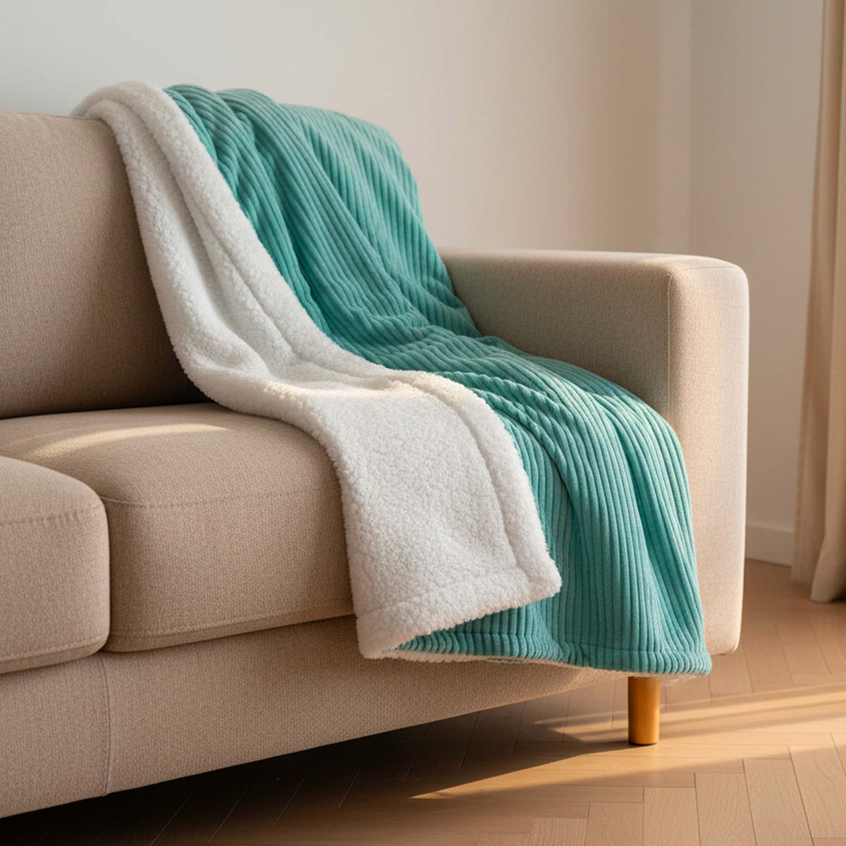 Plaid Velours Côtelé Turquoise Double Face Sherpa – 180×140 cm sur canapé, face velours côtelé et doublure sherpa