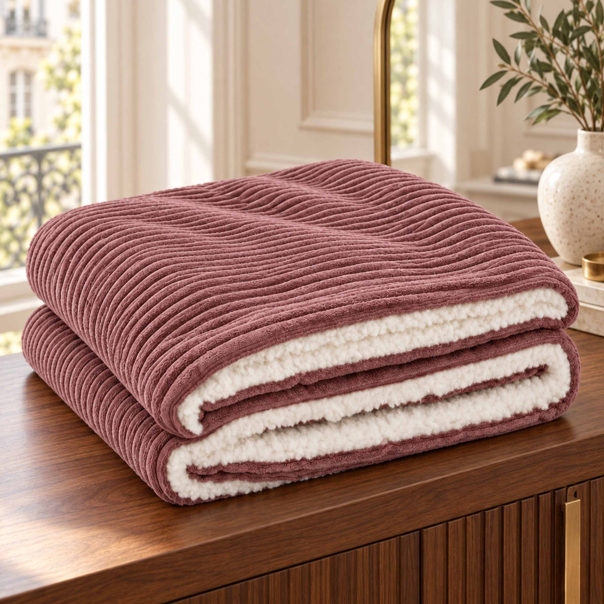 Plaid Velours Côtelé Vieux rose Double Face Sherpa – 180×140 cm, plaid cocooning en velours et sherpa