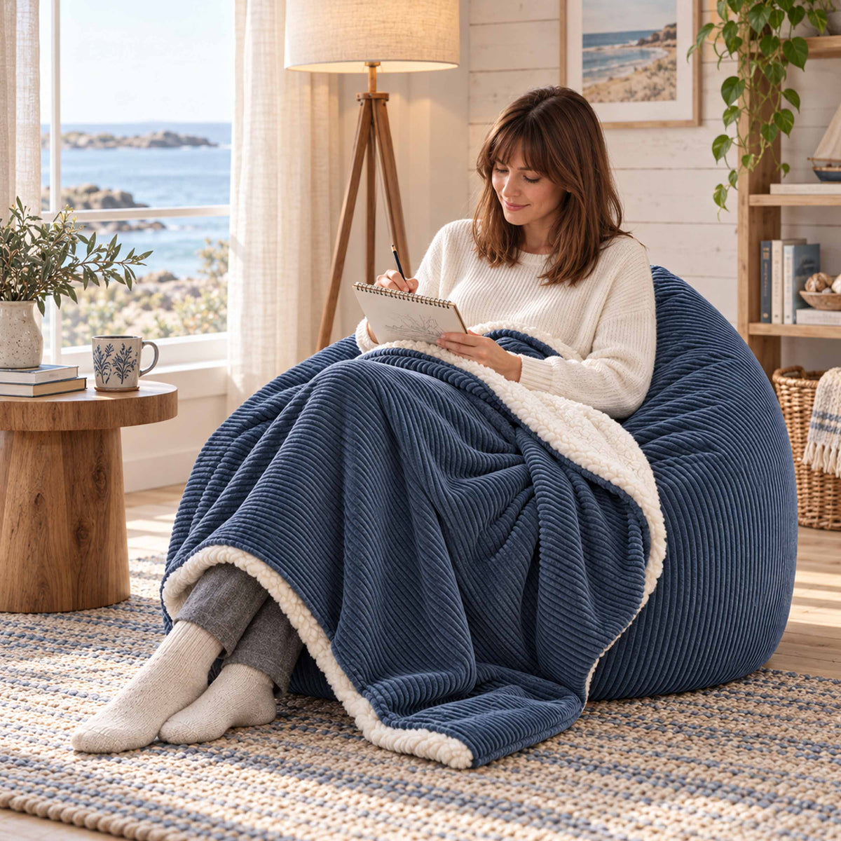 Plaid Velours Côtelé Bleu denim Double Face Sherpa – 180×140 cm, plaid cocooning en velours côtelé et sherpa