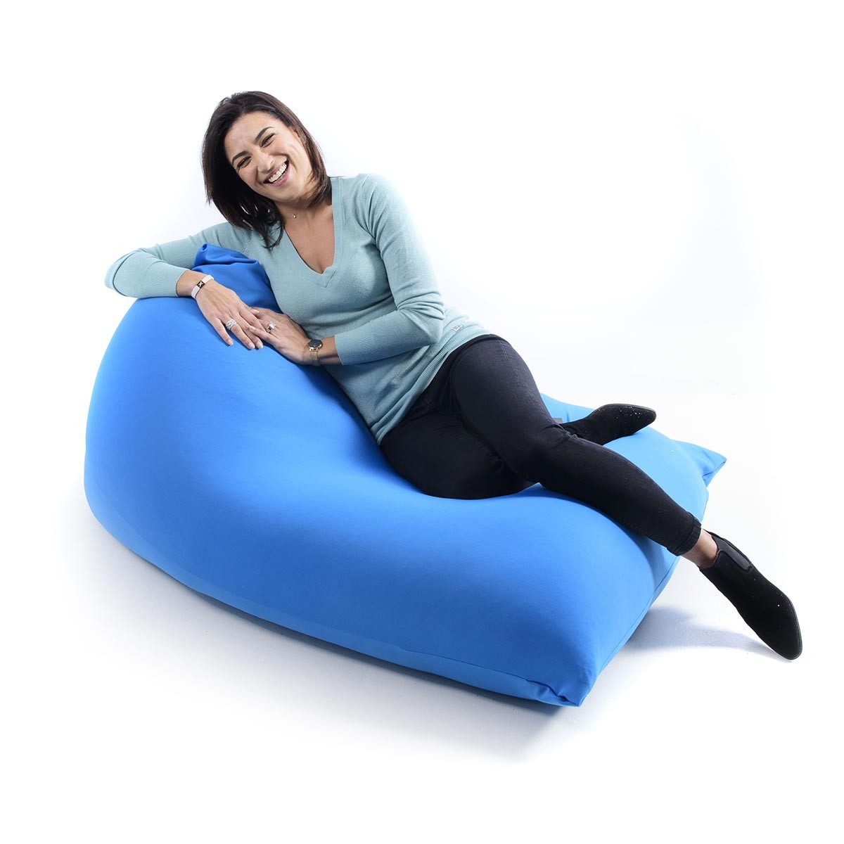 Pouf Berlingot Stretch Bleu géant intérieur, tissu ultra souple, forme berlingot pour détente salon ou chambre à coucher
