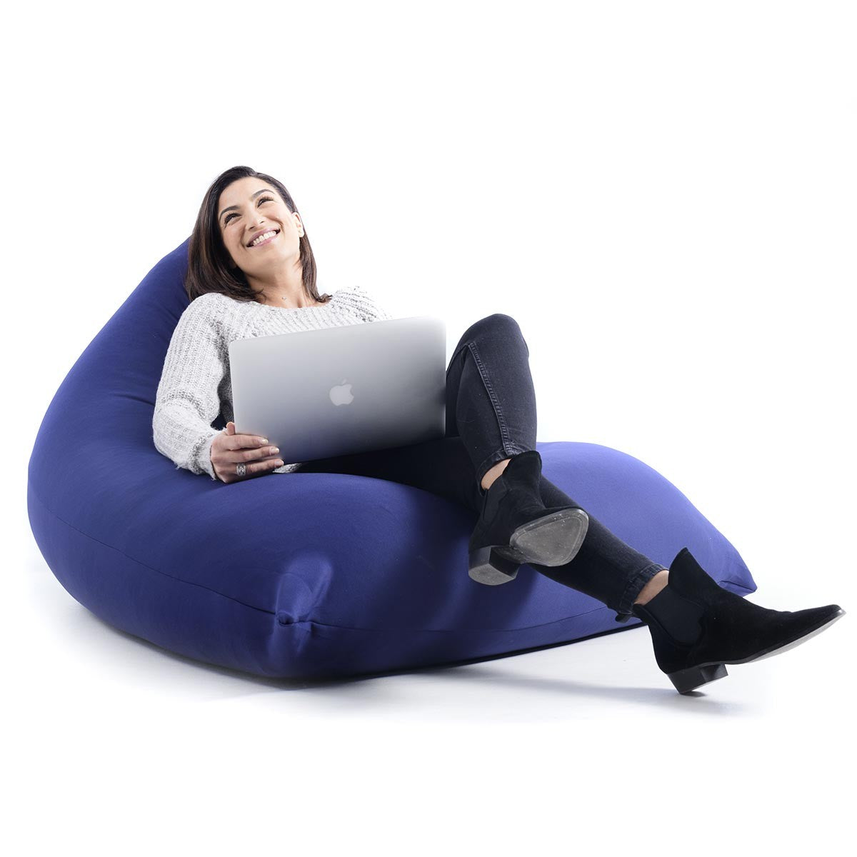 Pouf Berlingot Stretch Bleu Marine, grand pouf d’intérieur en tissu ultra souple forme berlingot pour salon ou chambre