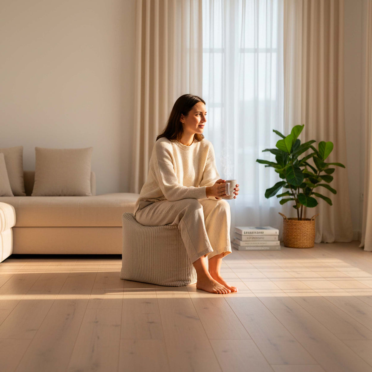 Pouf Cube Velours Côtelé Beige, assise d’appoint en velours côtelé, en intérieur salon avec une tasse