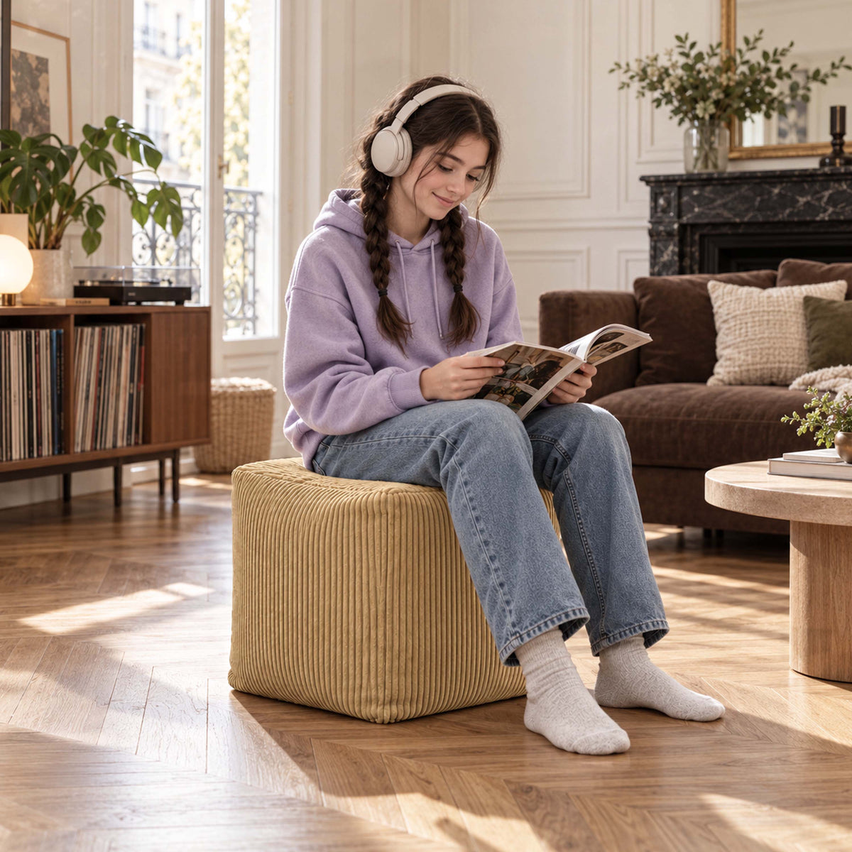 Pouf Cube Velours Côtelé Beige doré, assise d’appoint et repose-pieds en velours côtelé, salon lumineux