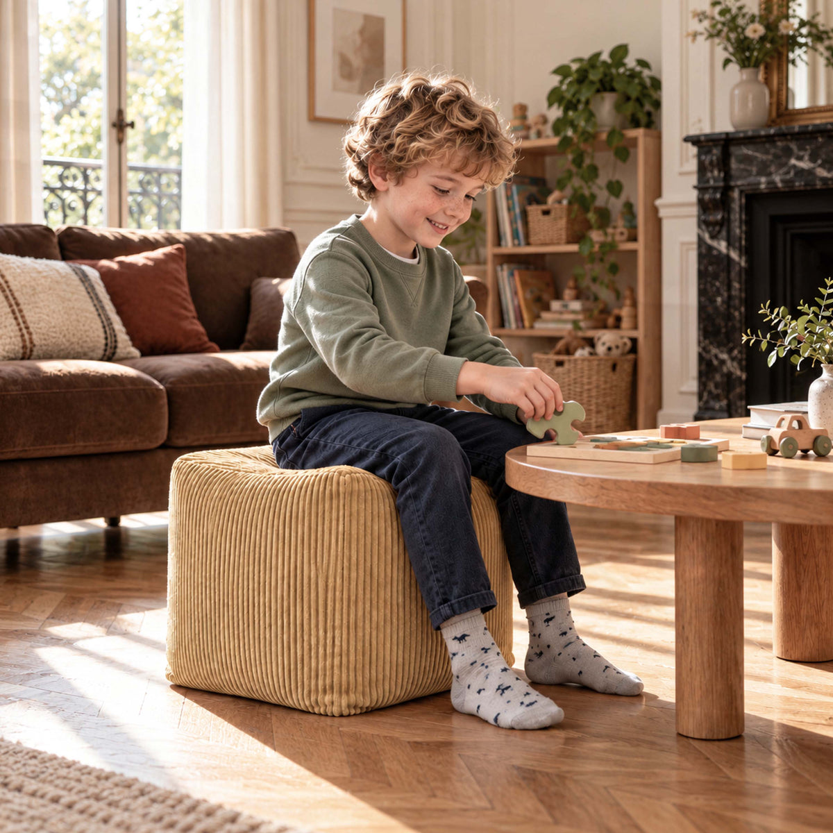 Pouf Cube Velours Côtelé Beige doré, assise et repose-pieds, intérieur lumineux avec enfant jouant