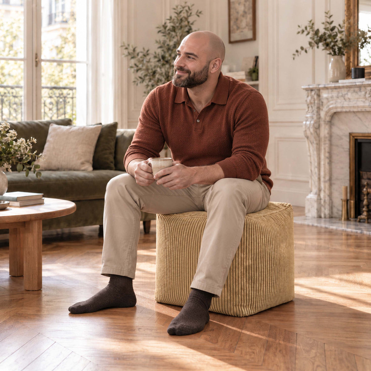 Pouf Cube Velours Côtelé Beige doré, pouf d’appoint et repose-pieds en velours côtelé, salon lumineux