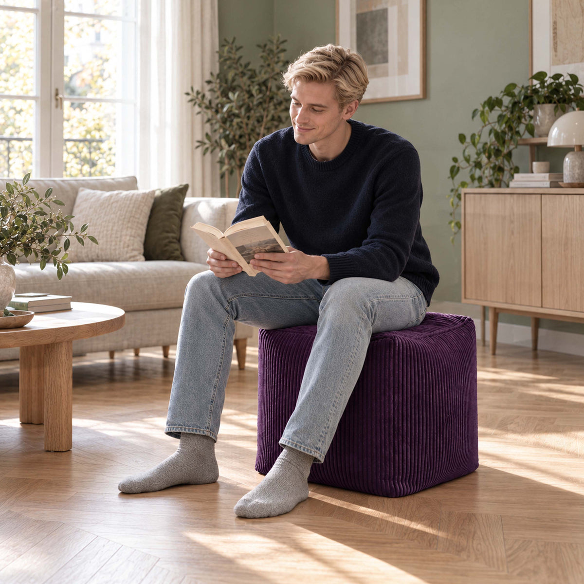 Pouf Cube Velours Côtelé Violet aubergine, pouf carré en velours côtelé utilisé comme assise et repose-pieds dans un salon