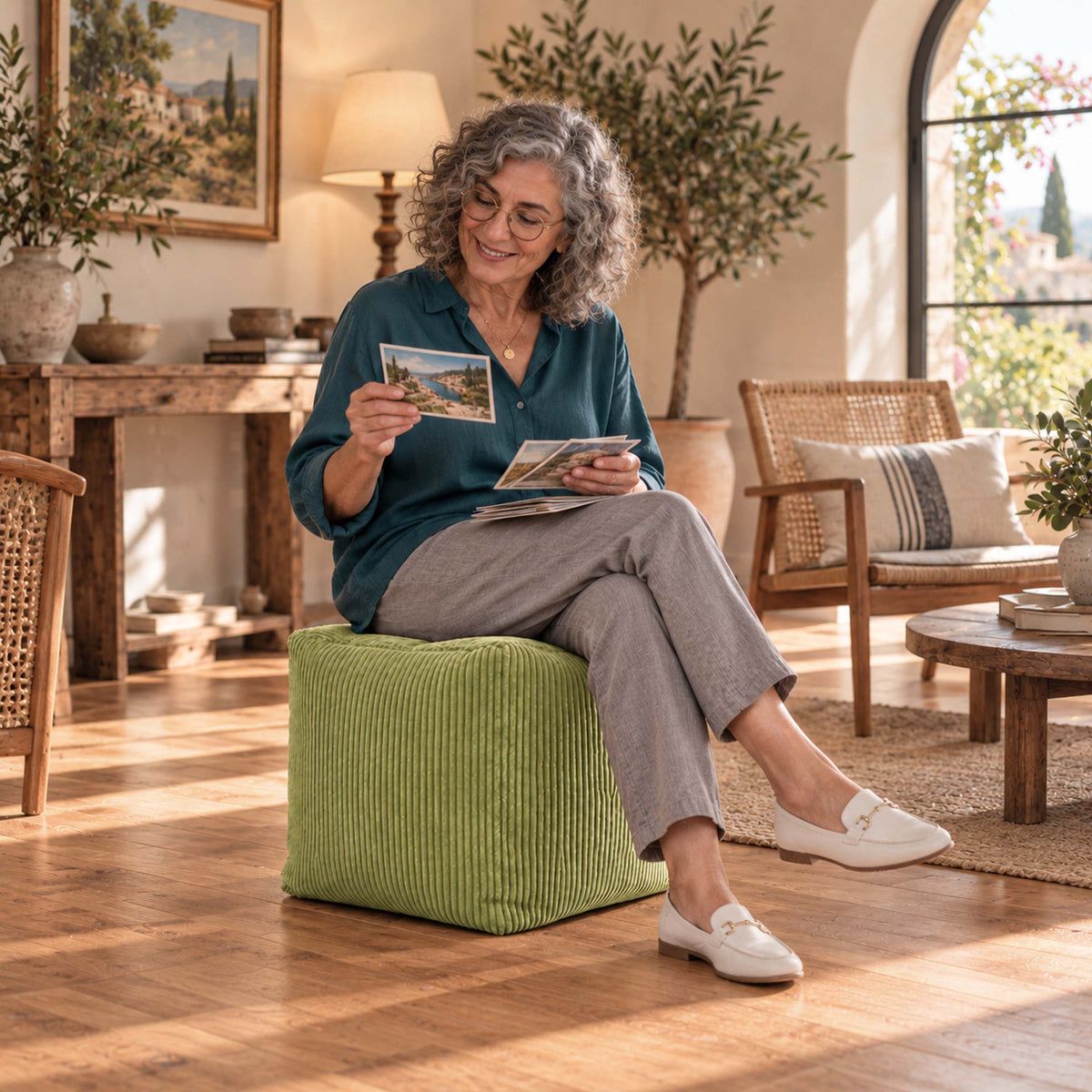 Pouf Cube Velours Côtelé Vert olive clair, assise d’appoint et repose-pieds en intérieur, avec personne assise
